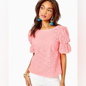 Lilly Pulitzer Shaila Top in Shellona Coral Neon Sunburst Eyelet